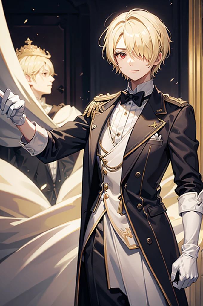 1 person, mature, (((Butler))), count, viscount, Victorian era,(Barrette)、(((Hair on one eye)))、(((Blonde short hair))),(Red eyes)、smile、 suit, coat,  White gloves, Gold and red design, Black Shirt, No background, Absurd, High resolution, Super sharp, 8K, masterpiece, View your viewers, Are standing, No background, No background, White Background