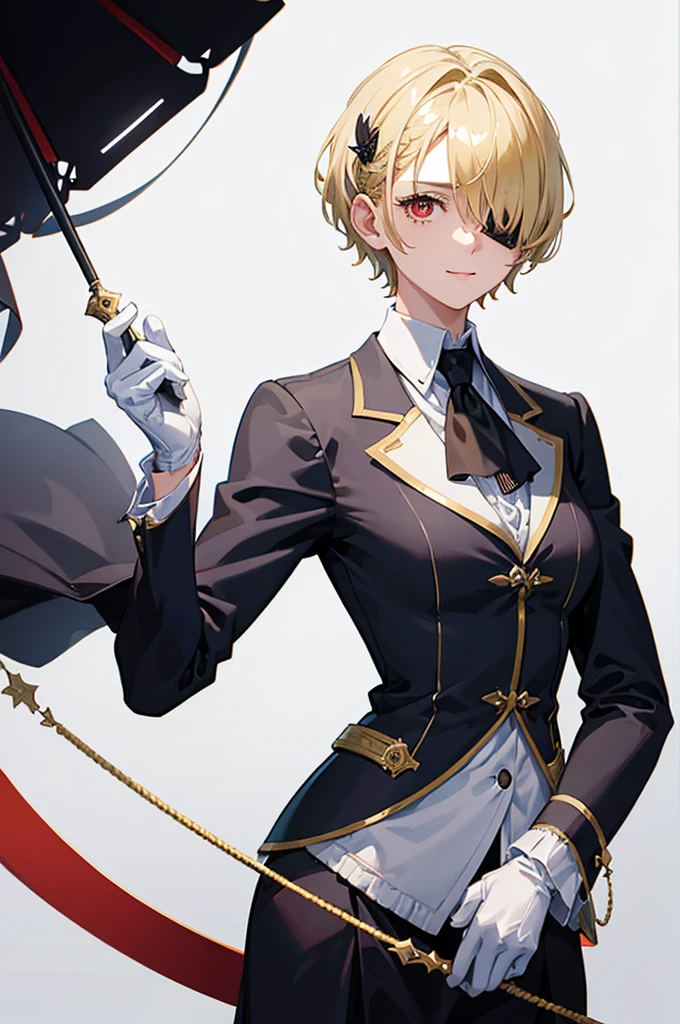1 person, mature, (((Butler))), count, viscount, Victorian era,(Barrette)、(((Hair on one eye)))、(((Blonde short hair))),(Red eyes)、smile、 suit, coat, White gloves, Gold and red design, Black Shirt, No background, Absurd, High resolution, Super sharp, 8K, masterpiece, View your viewers, Are standing, No background, No background, White Background