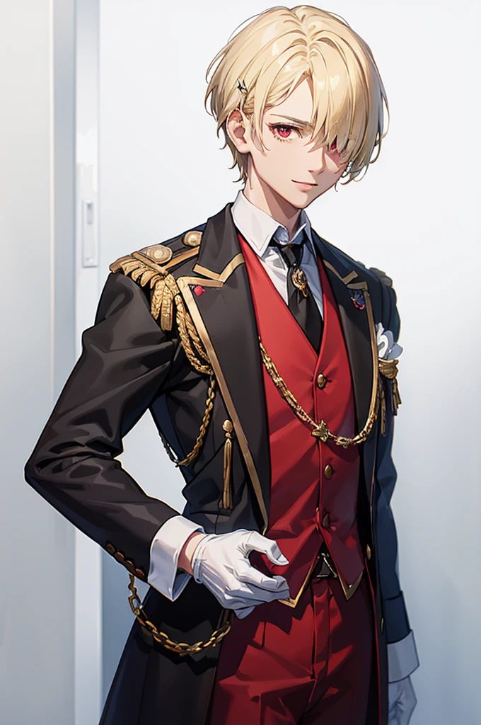 1 person, mature, (((Butler))), count, viscount, Victorian era,(Barrette)、(((Hair on one eye)))、(((Blonde short hair))),(Red eyes)、smile、 suit, coat,  White gloves, Gold and red design, Black Shirt, No background, Absurd, High resolution, Super sharp, 8K, masterpiece, View your viewers, Are standing, No background, No background, White Background