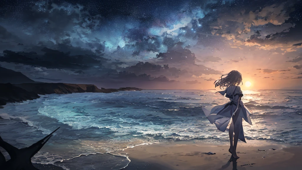 Create a fantasy landscape that combines dream and imagination. The night sky is filled with stars and large, swirling planets, with waves of colored light cascading down. Music notes float through the air, giving a sense that the world is enveloped in melody and vibrant colors.In the foreground, an open music sheet lies on the sandy beach, emphasizing the significance of music in this fantasy world. In front of the music sheet, gentle waves lap at the shore, reflecting the light from the setting sun. A silhouette of a woman stands on the beach, gazing at the sky and sea, which are filled with natural splendor and stars.In the background to the left, a shadowy figure of a man walks towards the sea, evoking a sense of endless journey and exploration. In the sky, a woman's face appears, seemingly dreaming or contemplating, surrounded by smaller, shining planets and stars. The overall feeling of the image is a blend of dream and reality, creating an atmosphere of mystery and enchantment.The camera perspective emphasizes the vastness of the sky and sea, creating a sense of infinite beauty and mystery. This image captures a range of emotions, including tranquility, hope, and the search for meaning in life.