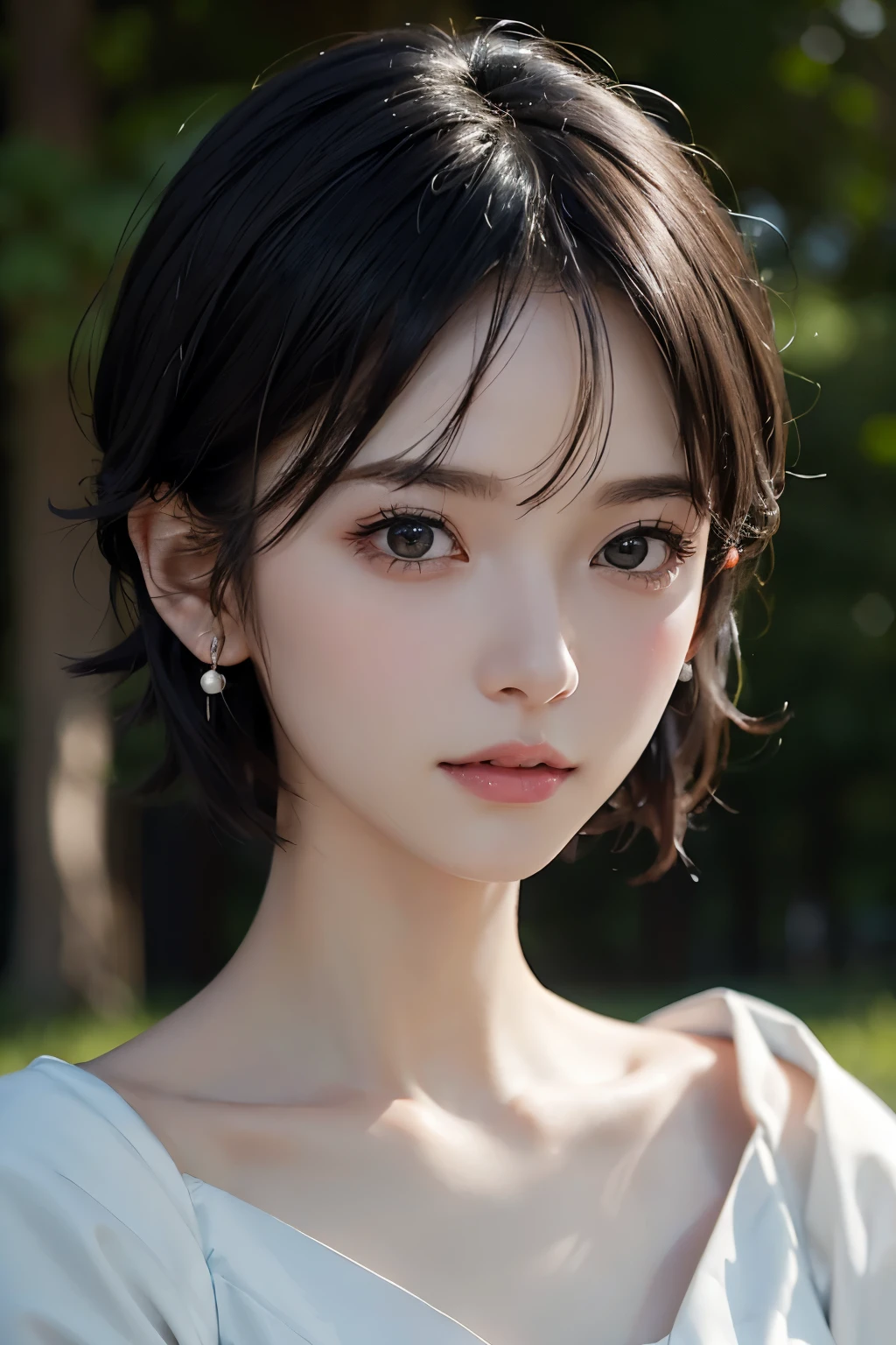 (((Black Short Hair))), (grassland), Seductive pose, 背景がgrassland、Image from chest up:1.6)、Close-up portrait of a woman wearing a white off-the-shoulder top dress and earrings, Soft portrait shot 8k, Nice delicate face, High-quality 4K portraits, High-quality portraits, Soft, perfect, pale skin, 8K Highly Detailed Face, なbeautiful繊細な顔, beautiful光の大きな目, Beautiful and realistic face, beautiful14Old woman, Beautiful and realistic face, cute14Old woman