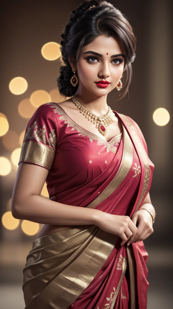 big , night bokeh effect background, Perfect pink eyes, Great face, Indian, Beautiful appearance, ((Red lips, Bright Eyes, Curve Heir 1.5)), ((Beautiful detailed body)), Amazing gorgeous, amazing beautiful face, Pretty face, Bright Eyes, Elegant printed shirt with attention to detail, Updo Elegant Hair, Blurred gray tone background, super concentrated, Illuminate, Facial details, 8k resolution, I drew, Dry brush, Brush strokes,