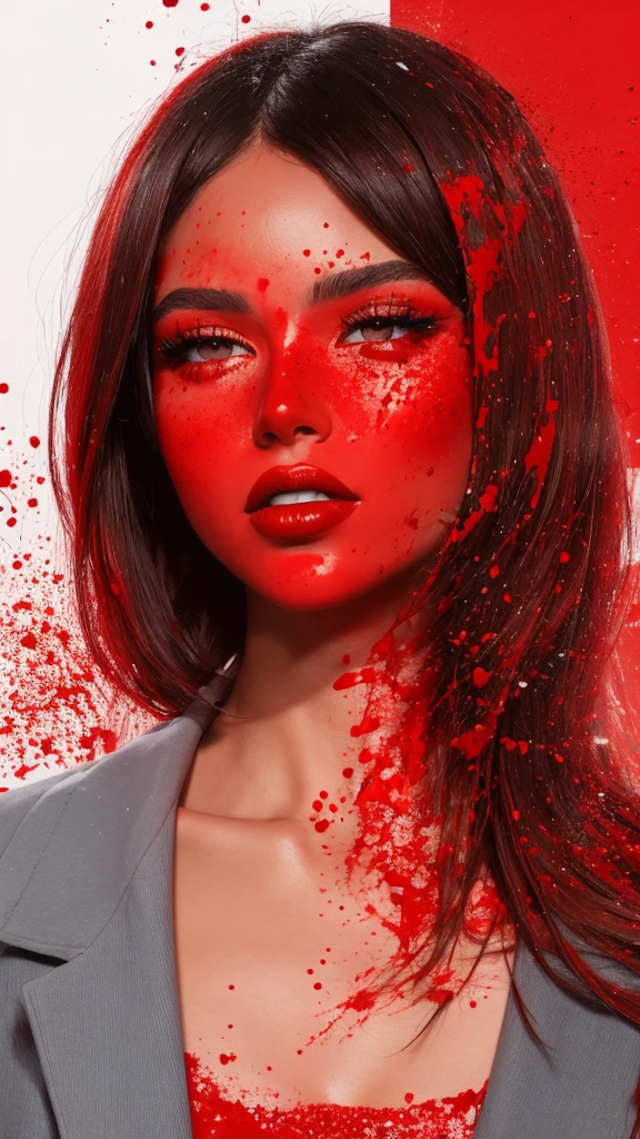 The image is a digital illustration of a woman with red lips and red splattered background.