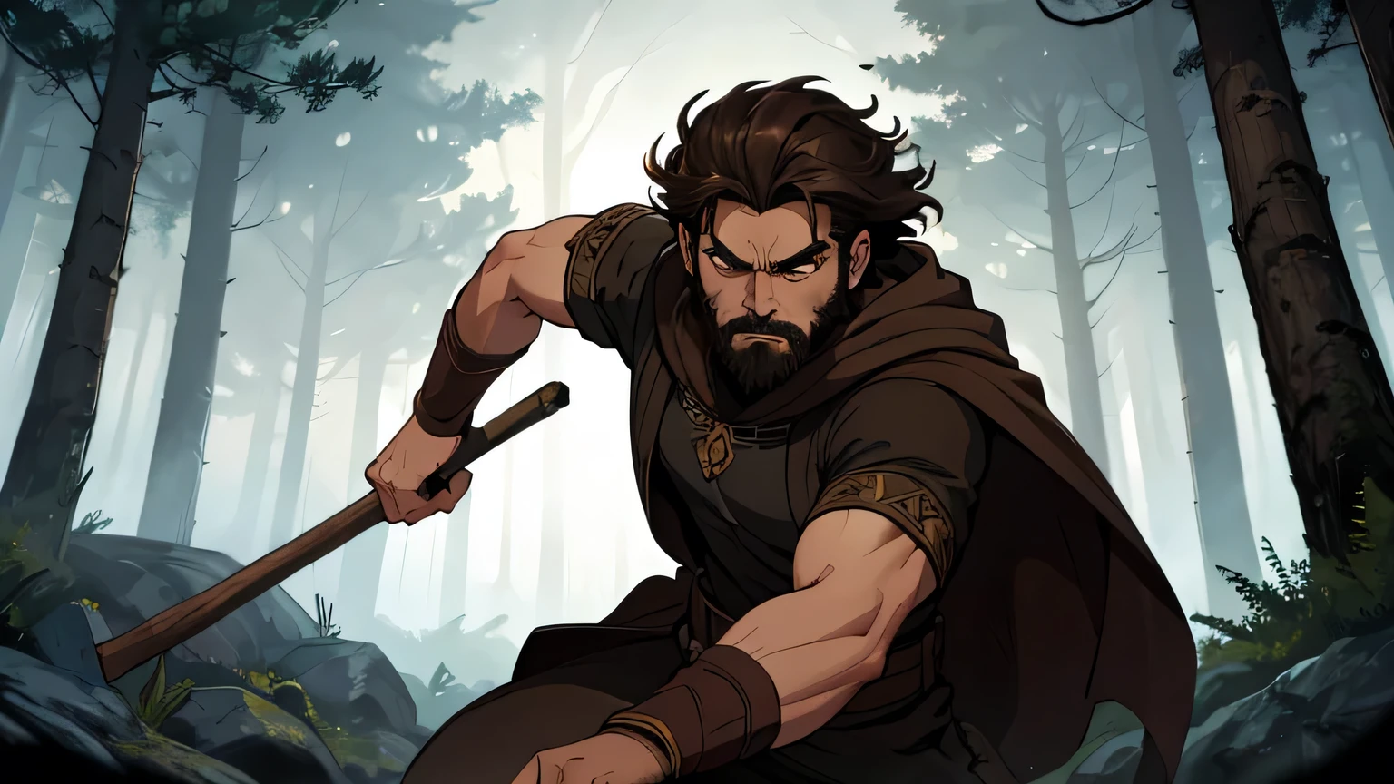 Worried-faced man with dark brown beard, long dark brown hair, light yellow-brown eyes and dark brown and light brown tunic from the 4th century BC. C., with a light brown cloak, about 50 years old, attacking with a wooden stick, in a dark and mysterious forest at night, movement scene in the forest, changing lighting, hyper-realistic, cinematic lighting,