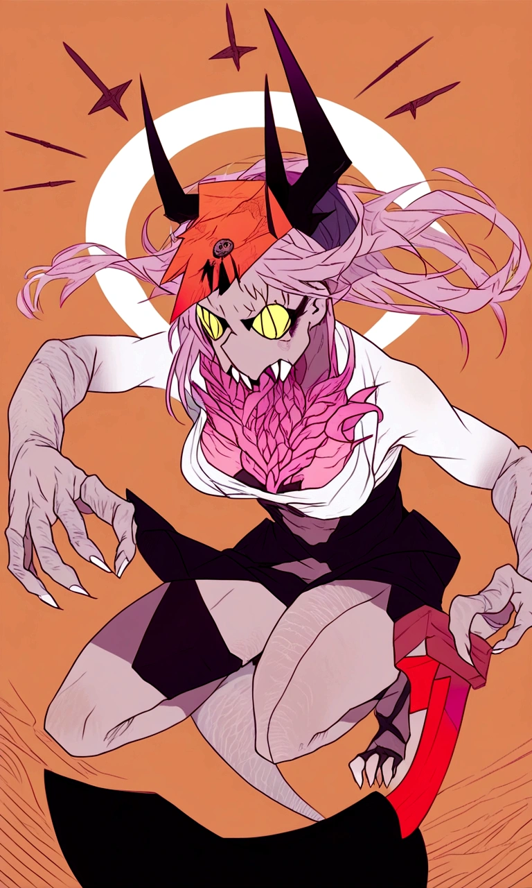 Best Quality, Masterpiece, ultra high resolution, (realist: 1.4),character with good anatomy perfect anatomy perfect anatomy girl with a red power scythe in niji journey style half body with some perspective girl with pink hair and two red horns on her head in a dynamic and powerful pose in motion saturated warm colors Bold contrast and dramatics, with a focus on intense lights and shadows. Fluidity and movement, with a fresh and contemporary style. childish tones: Dynamic and detailed composition, with emphasis on action and movement. 4 demon arms
