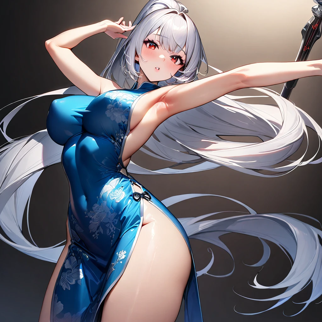  (masterpiece),(Highest quality),(Very detailed),(Best illustrations),(so beautiful), Beautiful Eyes, Perfect Face, Perfect hands, Perfect Fingers, so beautiful長い脚, Thighs, hanging breasts, Silver Hair, Red eyes, Very long hair, High Ponytail, Blue clothes, China dress, Side slits, holding weapon, dick, armpits,