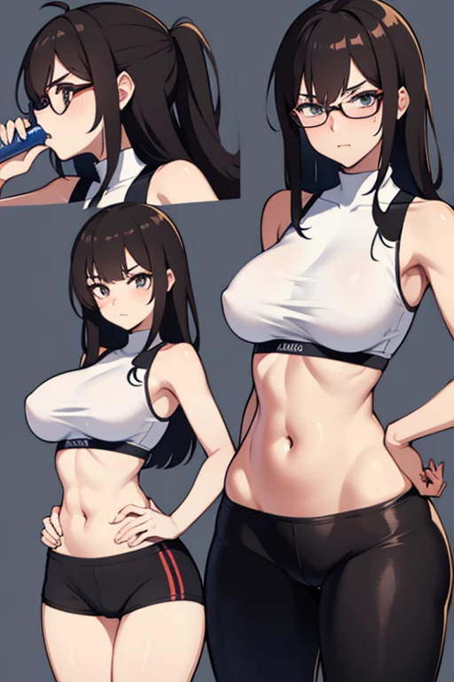 1 anime girl, YOUNG, hips, normal thighs, normal ass, tight sweaty leggings, sweat, back view, bare belly, huge bare breasts, gym background, turning to look back, Brown hair, glasses, drinking water, extended left arm, hand grabbing bottle, right hand grabbing a buttock, provocative, blushing, frowning expression, sexy, high quality, by the taken.