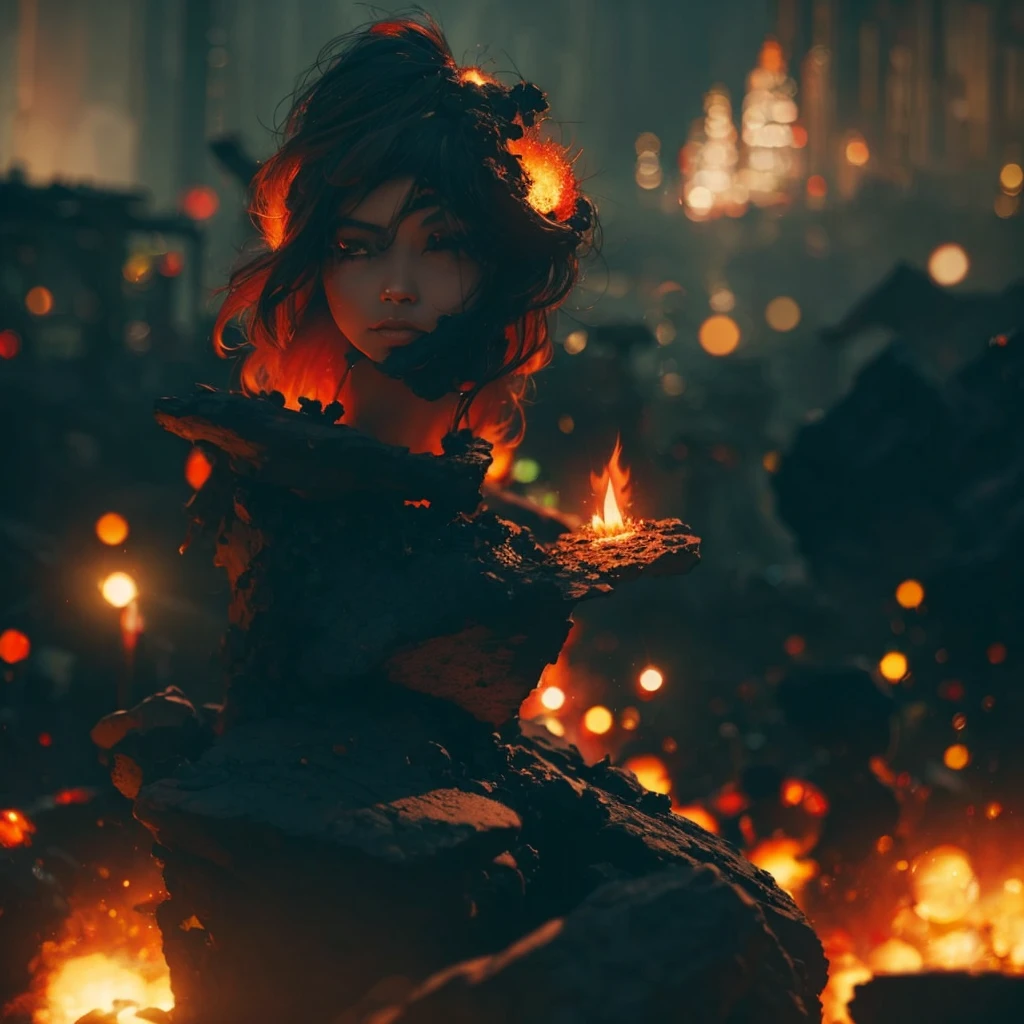 FireGirl, (BOKEH) dreamy cemetery background, engaging perspective, captivating gaze, (deep, immersive) steam ambiance, (artistically) blurred foreground, mist, (secretive), best quality, anomaticaly correct, 4k, 8k