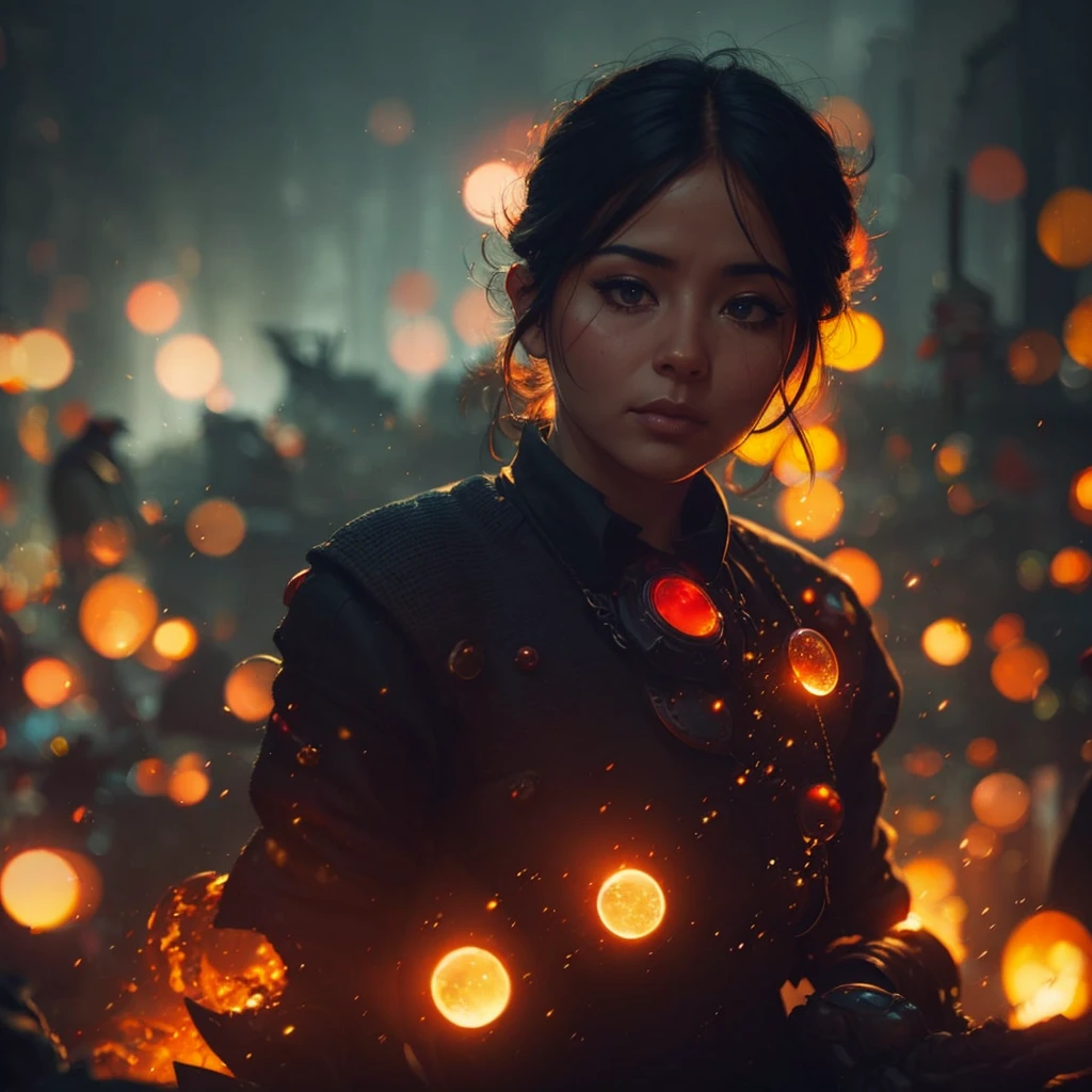 FireGirl, (BOKEH) dreamy cemetery background, engaging perspective, captivating gaze, (deep, immersive) steam ambiance, (artistically) blurred foreground, mist, (secretive), best quality, anomaticaly correct, 4k, 8k