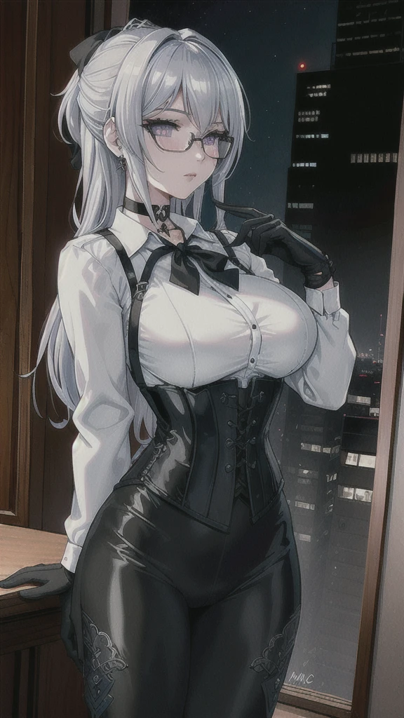 Masterpiece, Beautiful art, professional artist, 8k, art style by sciamano240, rostro de Bronya Zaychik, detailed body, Very detailed face, very detailed eyes, Detailed clothing, detailed fabric, Best Quality, better resolution,  1 girl, front view, standing, big breasts, serious expression,  at night , silver hair, glasses, choker:1.6, (long sleeve white collar buttoned shirt), (shiny black corset), black gloves covering your hands, (shiny black leggings), looking at the viewer, elegant dining room, at night