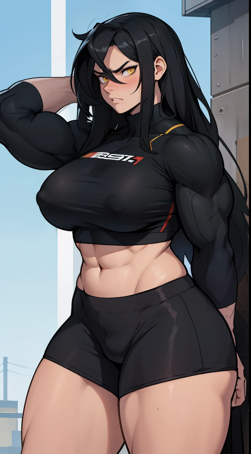 1girl solo black hair yellow eyes very long hair pale skin muscular muscular muscular muscular toned body huge muscles thick thighs girl tight clothes angry blushing messy hair thick thick thick thick thick thick