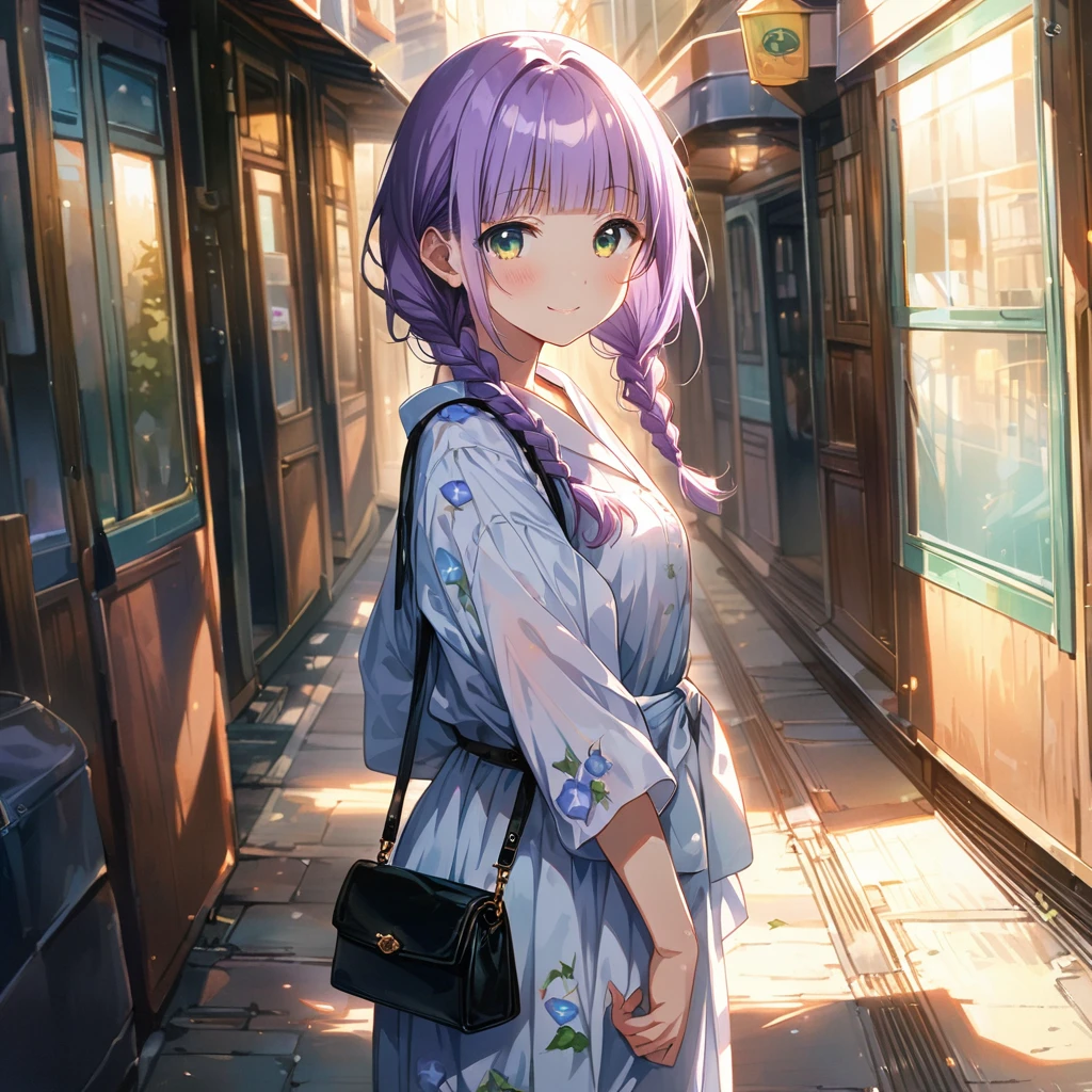 masterpiece, ultra detailed, 8K, full body shot,, a girl, kawaii, light atmosphere, (Cute a girl:1.5), (one girl with pale purple hair, wavy two braids, blunt bangs hair, green and black eyes :1.4), anime visual, (tilt head:1.3), extremely delicate face, realistic lighting and shading, (an extremely delicate and beautiful art:1.3),Watercolor painting, blush,
back view, green eyes, Wearing a white yukata Morning glory pattern with a purse, , An alleyway with a tram running, smiling and greeting viewer,look at viewer,morning lit,