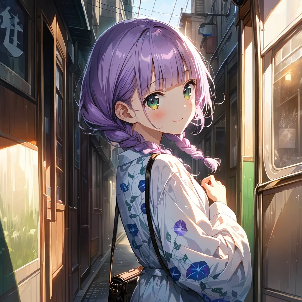 masterpiece, ultra detailed, 8K, full body shot,, a girl, kawaii, light atmosphere, (Cute a girl:1.5), (one girl with pale purple hair, wavy two braids, blunt bangs hair, green and black eyes :1.4), anime visual, (tilt head:1.3), extremely delicate face, realistic lighting and shading, (an extremely delicate and beautiful art:1.3),Watercolor painting, blush,
 back view, green eyes, Wearing a white yukata Morning glory pattern with a purse, , An alleyway with a tram running, smiling and greeting viewer,look at viewer,morning lit,