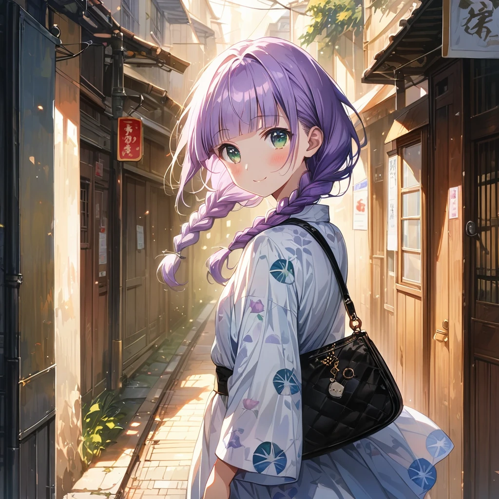 masterpiece, ultra detailed, 8K, full body shot,, a girl, kawaii, light atmosphere, (Cute a girl:1.5), (one girl with pale purple hair, wavy two braids, blunt bangs hair, green and black eyes :1.4), anime visual, (tilt head:1.3), extremely delicate face, realistic lighting and shading, (an extremely delicate and beautiful art:1.3),Watercolor painting, blush,
back view, green eyes, Wearing a white yukata Morning glory pattern with a purse, , An alleyway with a tram running, smiling and greeting viewer,look at viewer,morning lit,