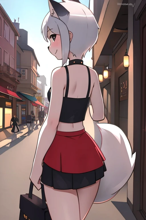 girl, the debt, furry, queue not so long, fluffy tail, happy, on the street, during the day, natural lights, Tight neckline, mini skirt, (back view)