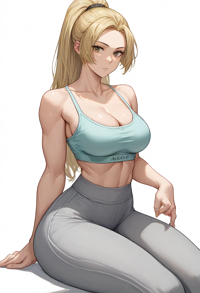 Score_9,score_8_up,score_7_up,1girl,solo,white background,sports bra, spaghetti strap,cleavage,big_breasts,looking_at_viewer,long hair, high ponytail, grey pants,yoga pants,haren pants,high waist,side slit,thick thighs,slab sitting,fashion dress, naked