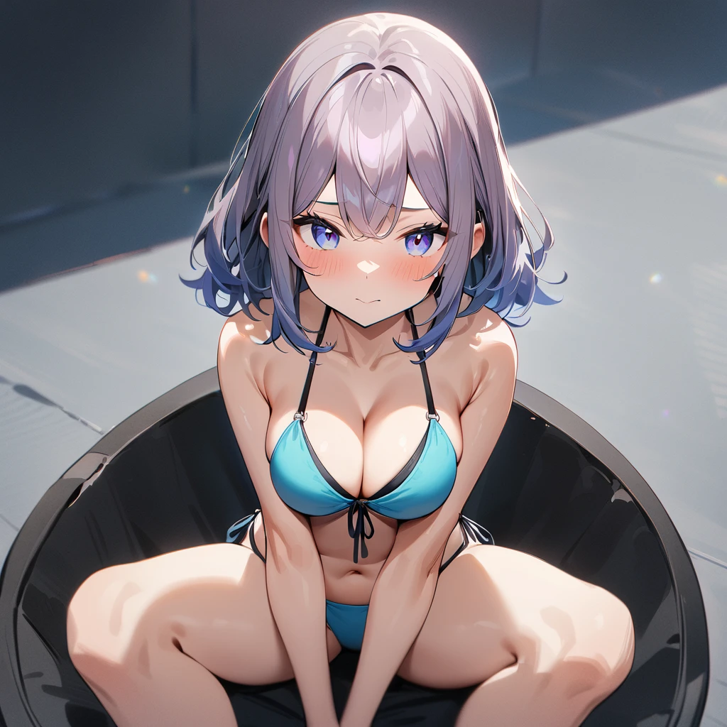 1 girl,Solo,long and shot hair,masterpiece, best quality, very aesthetic, absurdres,arms,face,hands,purple and blue,two tone color,v_arms,breasts,hand_between_legs,Bikini,Cleavage,medium hair,side-tie_bikini_bottom,feet