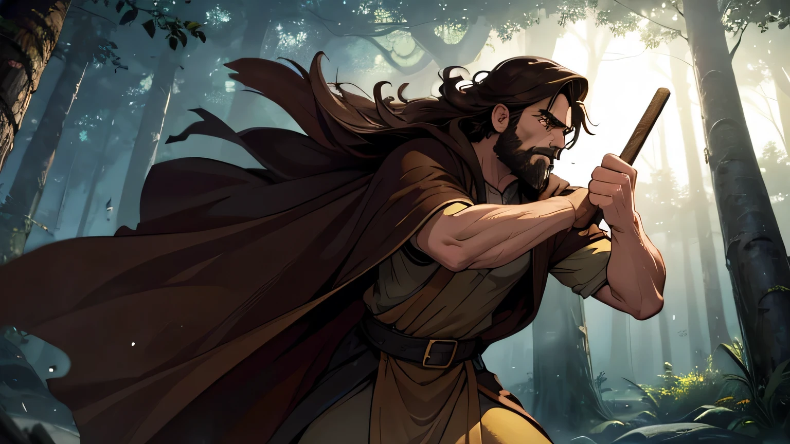 Worried-faced man with dark brown beard, long dark brown hair, light yellow-brown eyes and dark brown and light brown tunic from the 4th century BC. C., with a light brown cloak, about 50 years old, attacking with a wooden stick, in a dark and mysterious forest at night, movement scene in the forest, changing lighting, hyper-realistic, cinematic lighting,