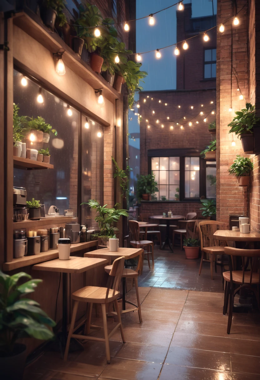 lofi coffee shop,cozy atmosphere,warm lighting,film grain,muted colors,subtle bokeh,soft textures,wooden furniture,brick walls,potted plants,string lights,rainy night outside window,realistic,photorealistic,photo-realistic:1.37,(best quality,4k,8k,highres,masterpiece:1.2),ultra-detailed,(realistic,photorealistic,photo-realistic:1.37)