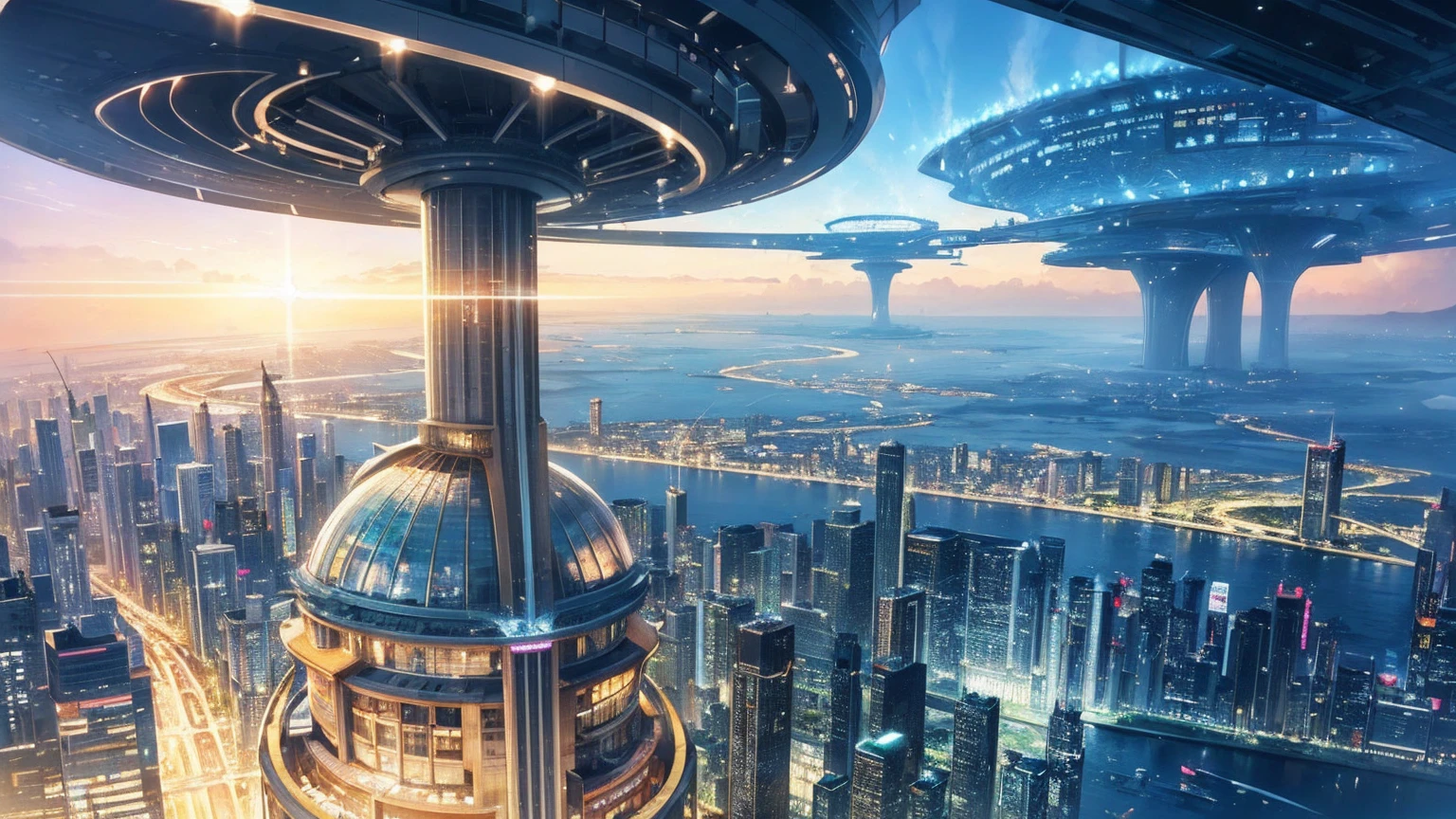 (Best quality,4K,8K,A high resolution,Masterpiece:1.2),Ultra-detailed,(Realistic,Photorealistic,photo-realistic:1.37),Futuristic floating city,Futuristic technology,Huge urban high-tech tablet platform,Airship,Floating in the sky,Futuristic city,Small airships around,High-tech hemispherical platform,Colorful lights,Advanced architecture,modernn architecture,skyscrapper,Access the cloud,Scenic beauty,view over city,Impressive design,Blend seamlessly with nature,energetic and vibrant atmosphere,Futuristic transportation system,Parking is suspended,Transparent path,Lush greenery,Sky gardens,cascading waterfalls,Magnificent skyline,reflections on the water,Sparkling river,Architectural innovation,futuristic skyscrapers,Transparent dome,The shape of the building is unusual,Elevated walkway,Impressive skyline,Glowing lights,Futuristic technology,Minimalist design,Scenic spots,Panoramic view,Cloud Piercing Tower,Vibrant colors,epic sunrise,epic sunset,Dazzling light display,magical ambiance,The future city,Urban Utopia,LuxuryLifestyle,Innovative energy,sustainable development,Smart city technology,Advanced infrastructure,Tranquil atmosphere,Nature and technology live in harmony,Awesome cityscape,Unprecedented urban planning,Architecture connects seamlessly with nature,High-tech metropolis,A cutting-edge engineering marvel,The future of urban living,Visionary architectural concept,Energy-efficient buildings,Harmony with the environment,A city floating above the clouds,Utopian dreams become reality,The possibilities are endless,State-of-the-art transportation network,Green energy integration,Innovative materials,Impressive holographic display,Advanced communication system,Breathtaking aerial view,Quiet and peaceful environment,Modernist aesthetics,Ethereal beauty