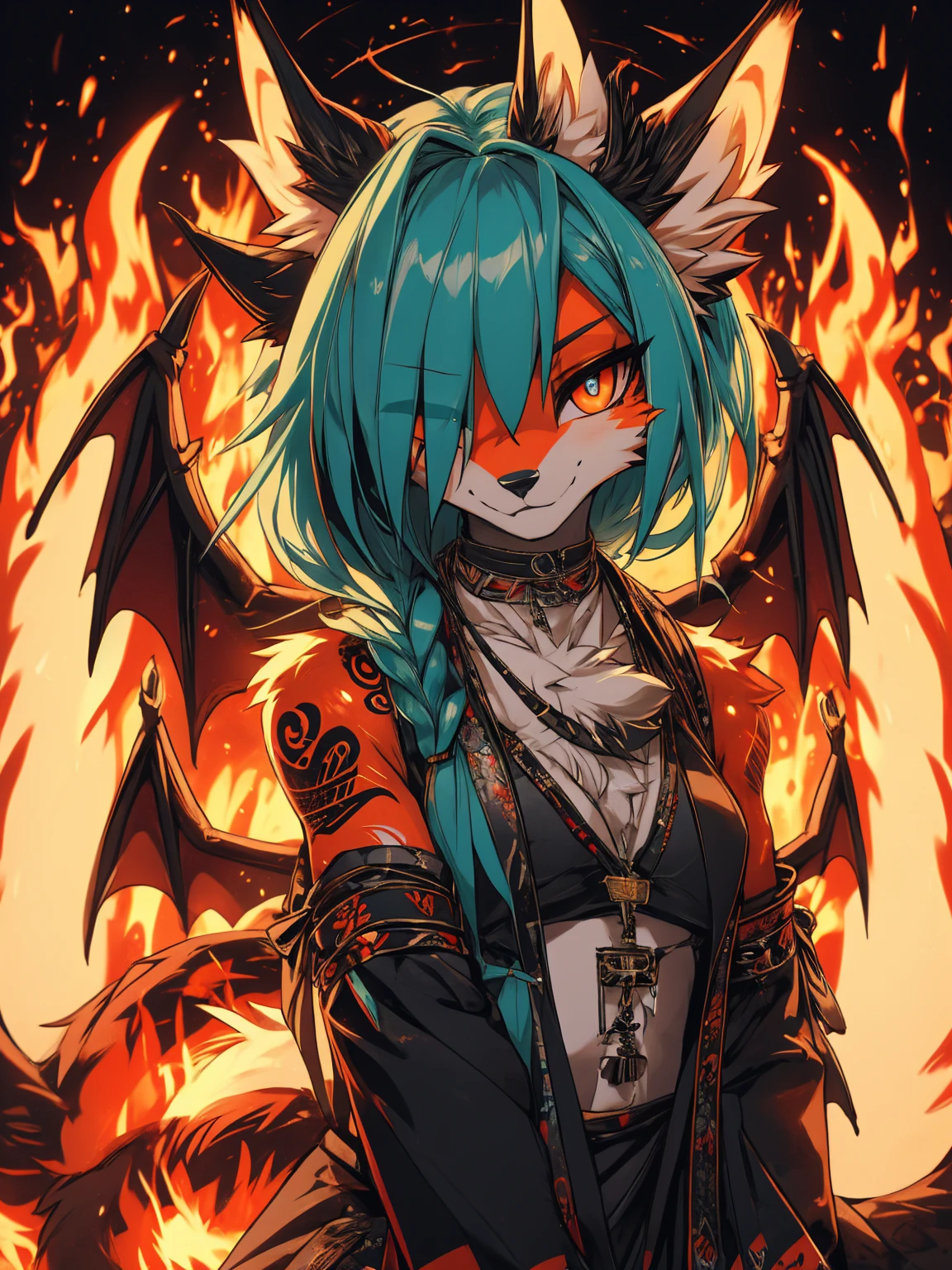 Miku Hatsune, add high definition_detail:1, blue fur,kitsune ears, tribal tattoo add_detail:1, in hell add_detail, batwigns add_detail Fer yokai kitsune add_detail:1