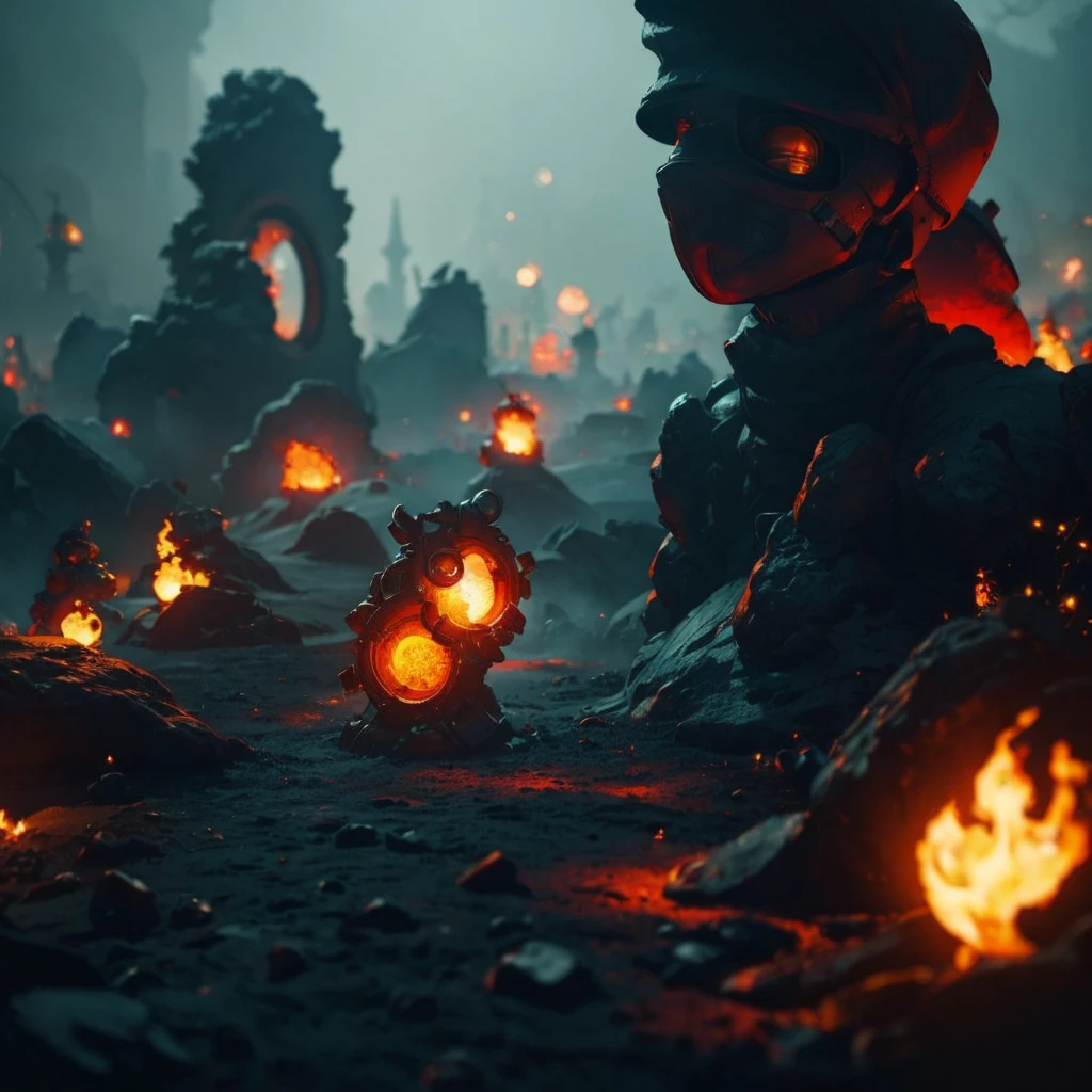 FireGirl, (BOKEH) dreamy cemetery background, engaging perspective, captivating gaze, (deep, immersive) steam ambiance, (artistically) blurred foreground, mist, (secretive), best quality, anomaticaly correct, 4k, 8k
