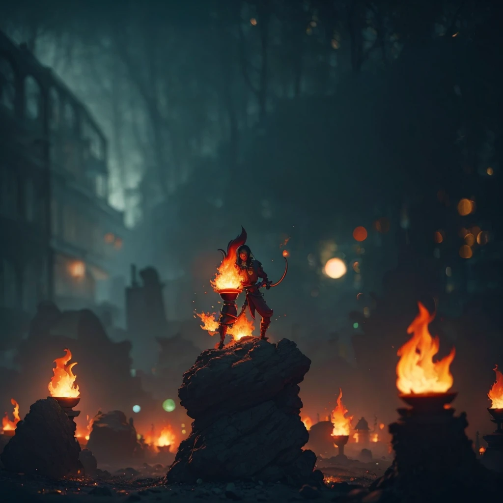 FireGirl, (BOKEH) dreamy cemetery background, engaging perspective, captivating gaze, (deep, immersive) steam ambiance, (artistically) blurred foreground, mist, (secretive), best quality, anomaticaly correct, 4k, 8k
