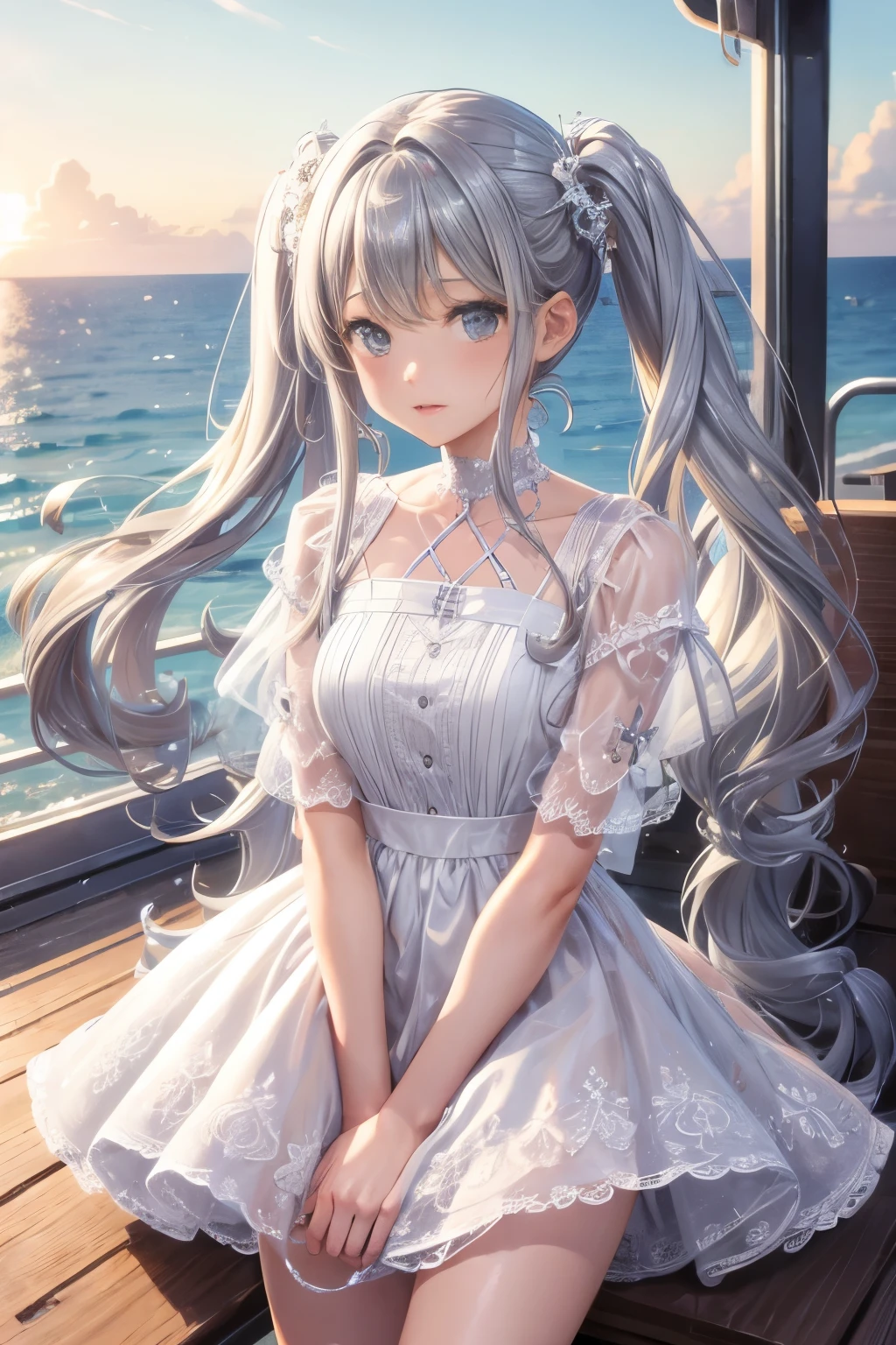 girl　long silver twintails　Cute detailed face　light yellow detailed lace Short dress　Seaside in summer  Skirts that flip in the wind　on yatch