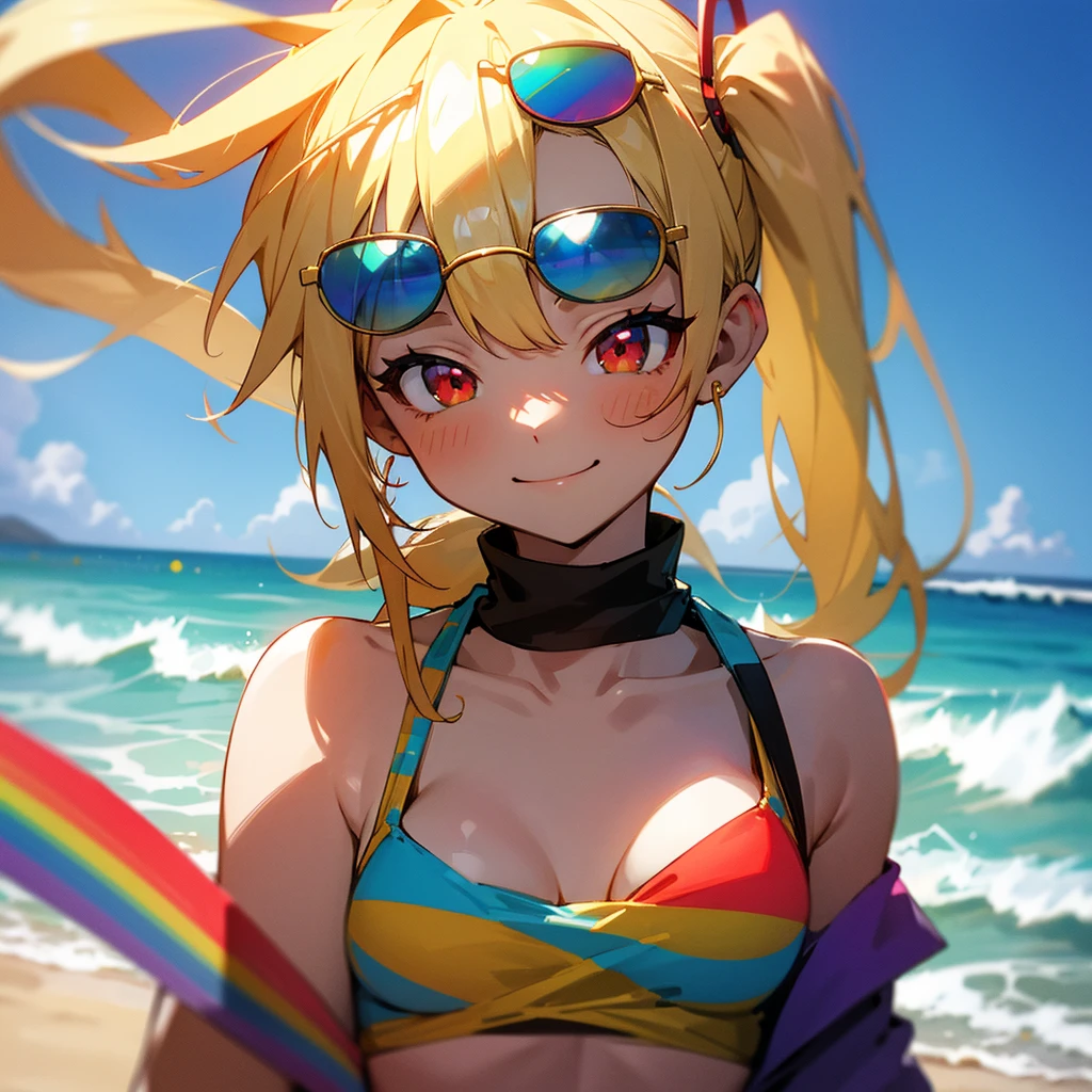 Armpits, woman in swimsuit, open mouth, laughing, blushing, tickled, excited, spread-eagled, chest visible through the skin, hands touching armpits