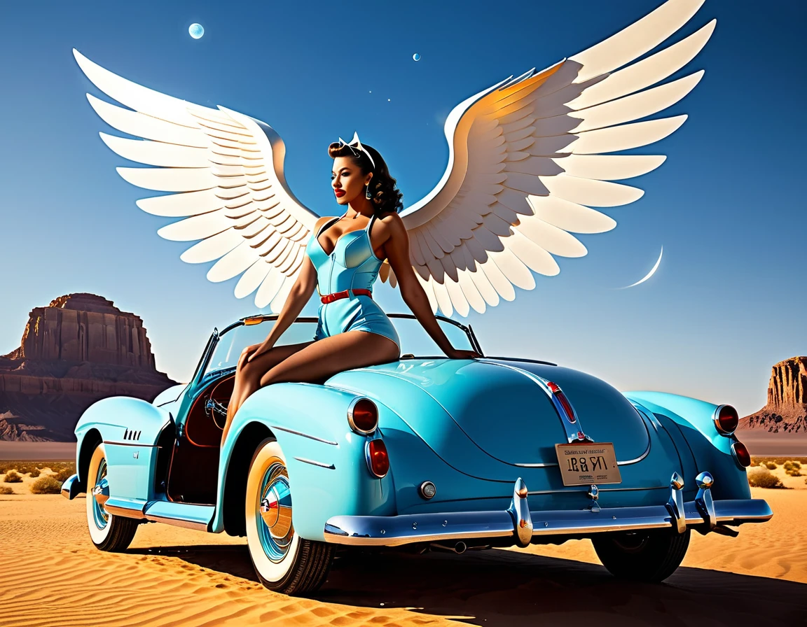 A 1950s-style angel with retro-futuristic wings and attire, leaning against a classic celestial vehicle in a retro-themed desert. 8k, vibrant colors.