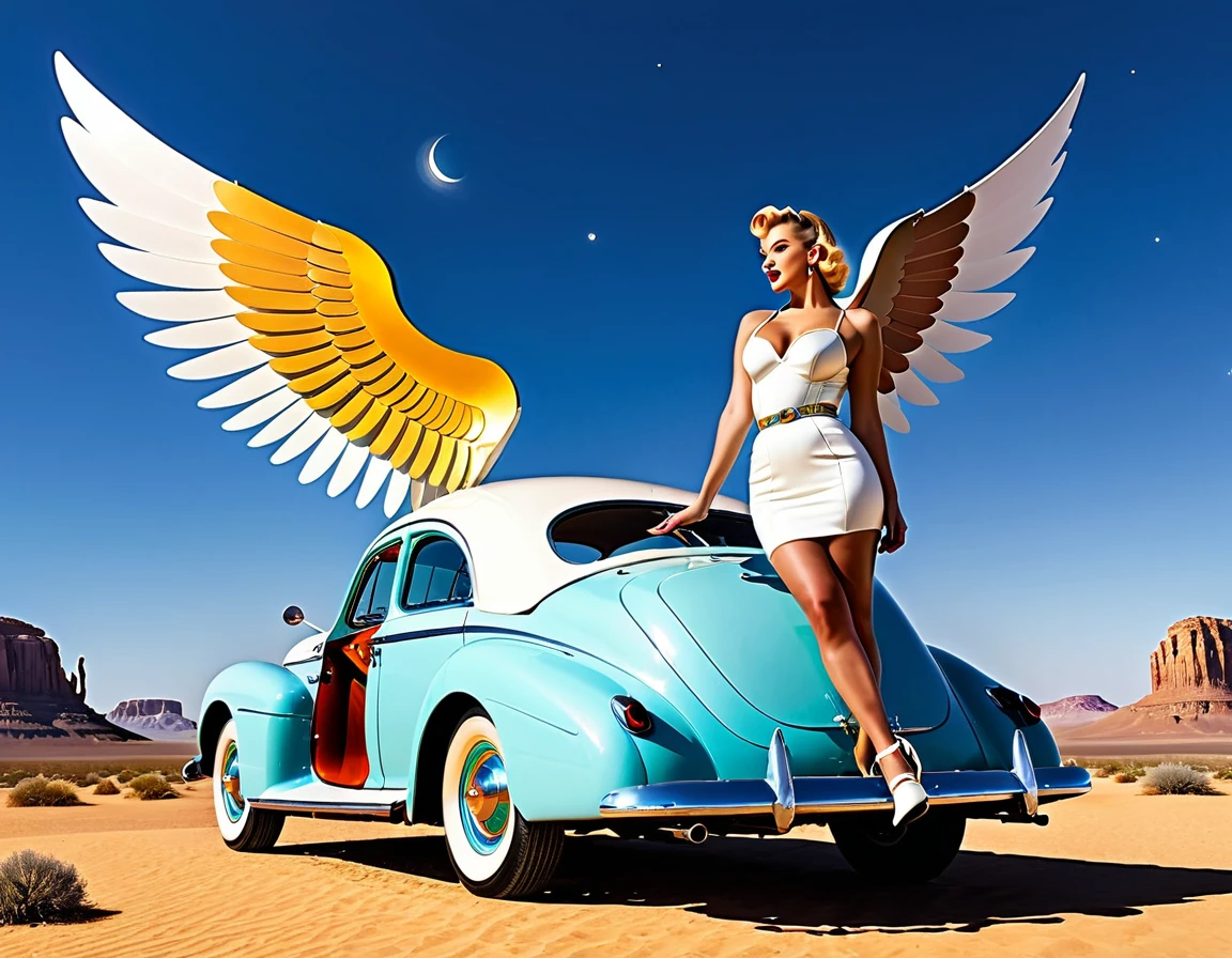 A 1950s-style angel with retro-futuristic wings and attire, leaning against a classic celestial vehicle in a retro-themed desert. 8k, vibrant colors.