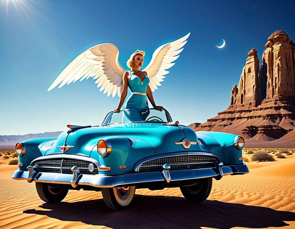 A 1950s-style angel with retro-futuristic wings and attire, leaning against a classic celestial vehicle in a retro-themed desert. 8k, vibrant colors.