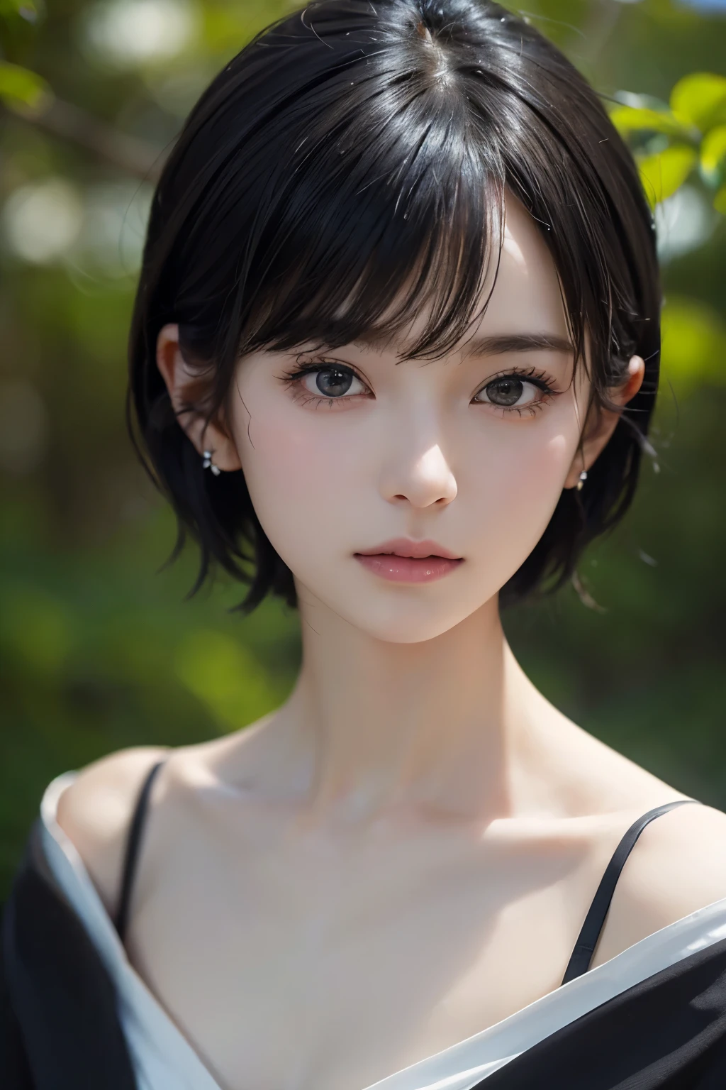 (((Black Short Hair))), (grassland), Seductive pose, 背景がgrassland、Image from chest up:1.6)、Close-up portrait of a woman wearing a white off-the-shoulder top dress and earrings, Soft portrait shot 8k, Nice delicate face, High-quality 4K portraits, High-quality portraits, Soft, perfect, pale skin, 8K Highly Detailed Face, なbeautiful繊細な顔, beautiful光の大きな目, Beautiful and realistic face, beautiful14Old woman, Beautiful and realistic face, cute14Old woman