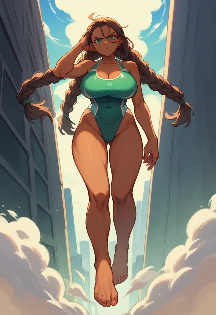 Gigantic and imposing, with tense aura, the clouds reach your head, bigger than a skyscraper, girl, with swimsuit, Long hair with braids, green color, serious look, BROWN SKIN, green eyes, big breasts, raised foot facing forward, (bare foot), over the tiny city standing straight ahead