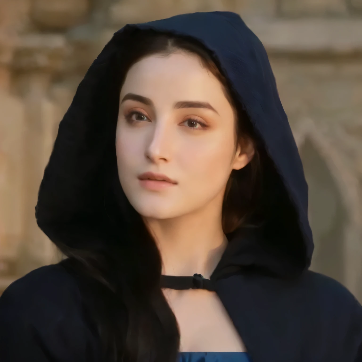 Arafed woman wearing a black hoodie and a blue dress., maya ali as ad&d sorcerer, maya ali as d&d sorcerer, maya ali as d&D mago, as a medieval fantasy character, mahira khan as ad&D mago, maya ali as a sorcerer, maya ali as a mage