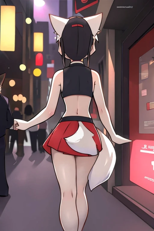 girl, the debt, furry, queue not so long, fluffy tail, happy, on the street, during the day, natural lights, Tight neckline, mini skirt, (back view)