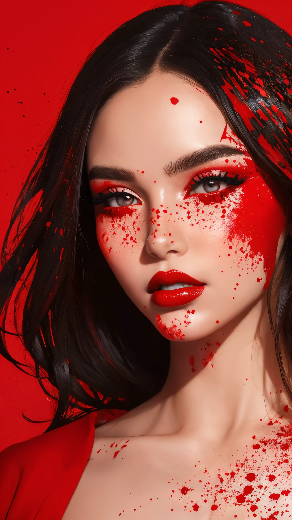  The image is a digital illustration of a woman with red lips and red splattered background.