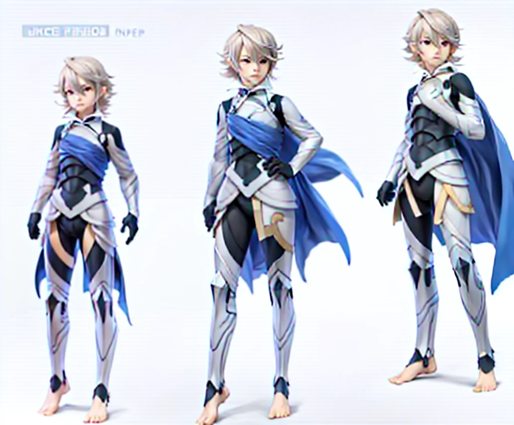 model reference sheet of anime boy, tall, corrin, male, white background, tall chibi, big hands and feet, defCor, armor, blue cape, vambraces, black gloves, armored legwear, barefoot, turnaround