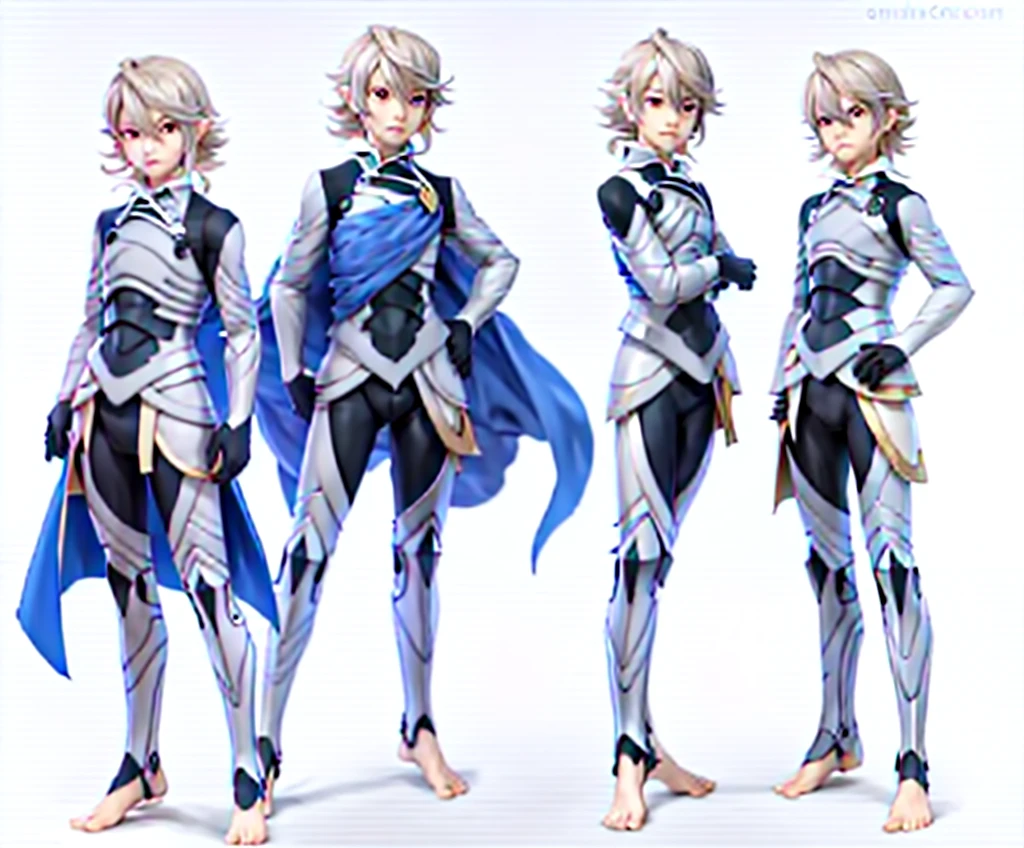 model reference sheet of anime boy, tall, corrin, male, white background, tall chibi, big hands and feet, defCor, armor, blue cape, vambraces, black gloves, armored legwear, barefoot, turnaround