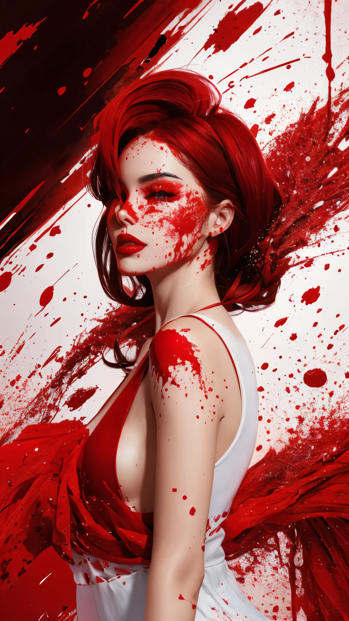  The image is a digital illustration of a woman with red lips and red splattered background.