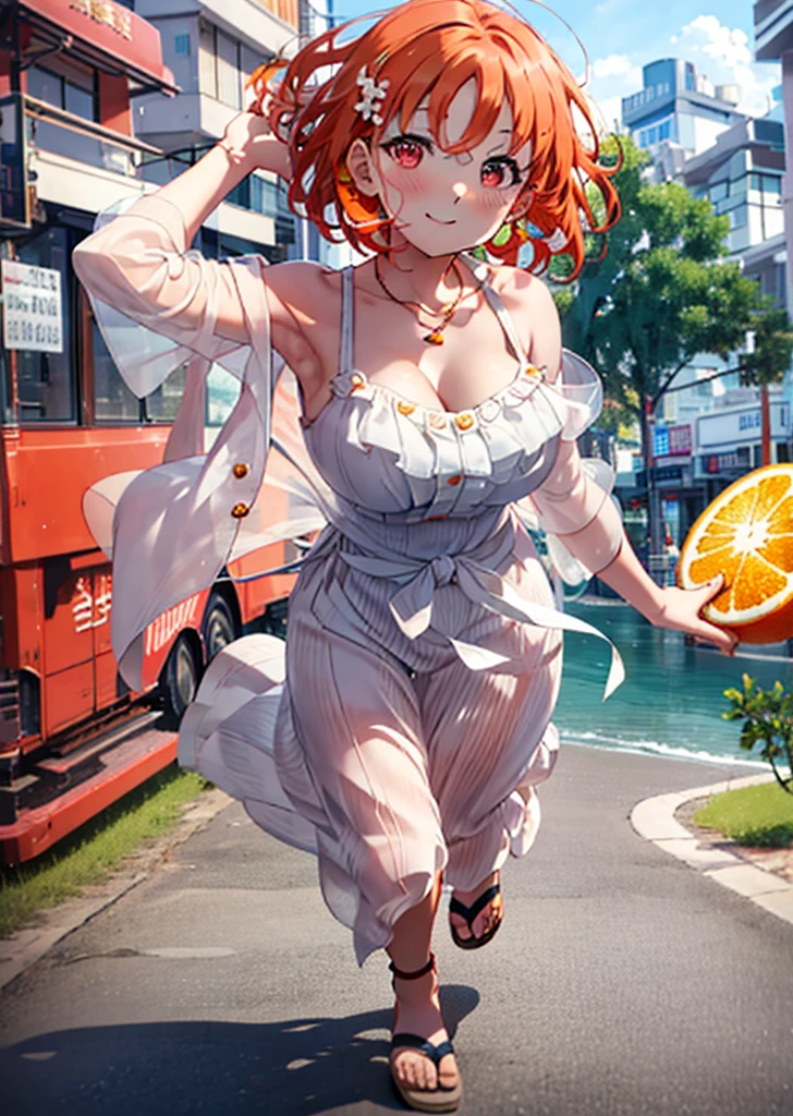 chika takami,Orange Hair,Red eyes,smile,blush,Orange off-shoulder dress,Bare shoulders,bare clavicle,Bare neck,Heart-shaped necklace,Long skirt,Cute heeled sandals,Walking,Daytime,Clear skies,whole bodyがイラストに入るように break outdoors, Coastal Road,Building district, break looking at viewer, whole body, break (masterpiece:1.2), Highest quality, High resolution, unity 8k wallpaper, (figure:0.8), (Beautiful attention to detail:1.6), Highly detailed face, Perfect lighting, Highly detailed CG, (Perfect hands, Perfect Anatomy),