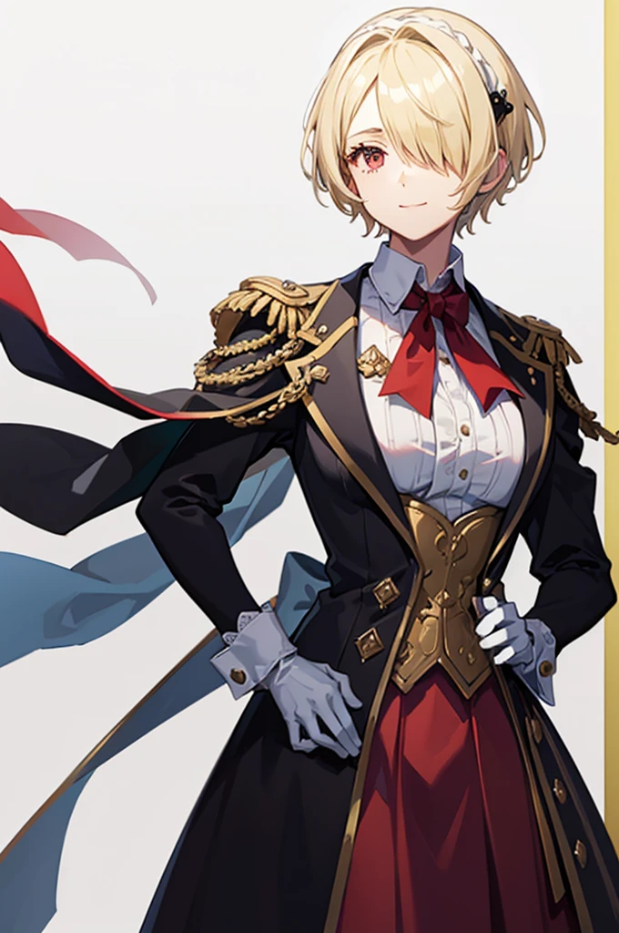 1 person, mature, (((Butler))), count, viscount, Victorian era,(Barrette)、(((Hair on one eye)))、(((Blonde short hair))),(Red eyeedium Breast),smile、 suit, coat,  White gloves, Gold and red design, Black Shirt, No background, Absurd, High resolution, Super sharp, 8K, masterpiece, View your viewers, Are standing, No background, No background, White Background