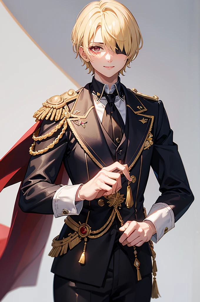 1 person, mature, (((Butler))), count, viscount, Victorian era,(Barrette)、(((Hair on one eye)))、(((Blonde short hair))),(Red eyeedium Breast),smile、 suit, coat,  White gloves, Gold and red design, Black Shirt, No background, Absurd, High resolution, Super sharp, 8K, masterpiece, View your viewers, Are standing, No background, No background, White Background