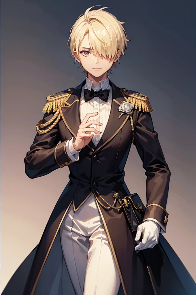 1 person, mature, (((Butler))), count, viscount, Victorian era,(Barrette)、(((Hair on one eye)))、(((Blonde short hair))),(Red eyeedium Breast),smile、 suit, coat,  White gloves, Gold and red design, Black Shirt, No background, Absurd, High resolution, Super sharp, 8K, masterpiece, View your viewers, Are standing, No background, No background, White Background