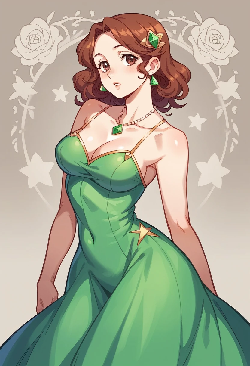 beautiful woman in 1820s dress posing for a photo, beauty of period fashion dress, green dress, inverted triangle body type, pretty girl, mulher de corpo inteiro, wearing period dress, beautiful charming woman, wavy red hair, honey brown eyes, hourglass figure, cartoon vector style, corpo pin-up, Broad Hips