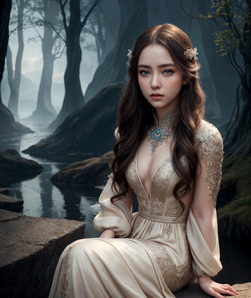 1 girl, cinematic, intricate detailed face, detailed eyes, detailed lips, porcelain skin, flowing hair, elegant dress, serene expression, dramatic lighting, cinematic atmosphere, fantasy landscape, magical realism, vivid colors, high quality, photo-realistic, 8k, sitting