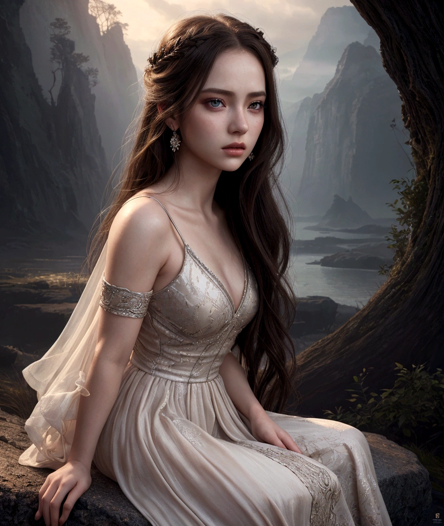 1 girl, cinematic, intricate detailed face, detailed eyes, detailed lips, porcelain skin, flowing hair, elegant dress, serene expression, dramatic lighting, cinematic atmosphere, fantasy landscape, magical realism, vivid colors, high quality, photo-realistic, 8k, sitting