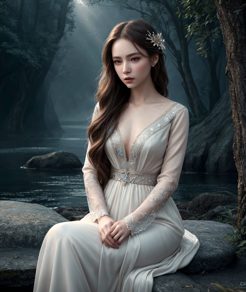 1 girl, cinematic, intricate detailed face, detailed eyes, detailed lips, porcelain skin, flowing hair, elegant dress, serene expression, dramatic lighting, cinematic atmosphere, fantasy landscape, magical realism, vivid colors, high quality, photo-realistic, 8k, sitting