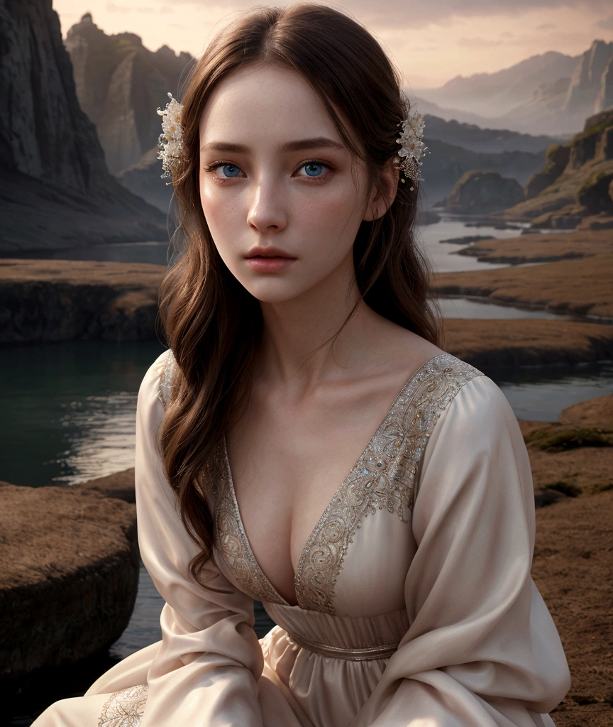 1 girl, cinematic, intricate detailed face, detailed eyes, detailed lips, porcelain skin, flowing hair, elegant dress, serene expression, dramatic lighting, cinematic atmosphere, fantasy landscape, magical realism, vivid colors, high quality, photo-realistic, 8k