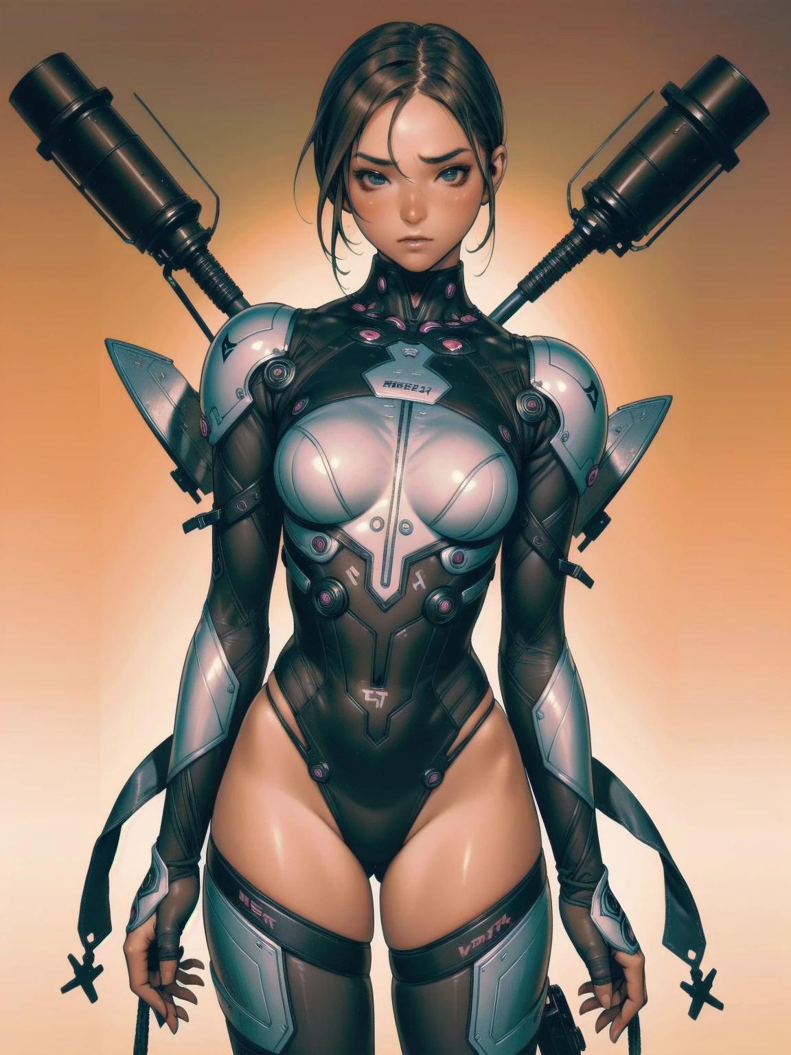 (((Juri Street Fighter))), ((best qualityer)), (((Venom outfit))), (((slim))), (Muscles), (((fit body armor suit))), ((Perfect masterpiece)), (detailded: 1.4), (absurdrez), (((long hair with heavy bangs covering the entire forehead))), (((full body fitness, Venom symbol)), (((short hair woman, blushful))), 21 year old woman, beautiful sexy woman, giant robot pilot, wild with perfect corpo fitness, wearing small mecha battle armor clothes, tiny thong, Shonen manga style, clothing with Japanese cyberpunk graphic patterns, Halftone pattern and vertical stripes, earth tone, exiting the body of a giant robot, (((cowboy shot)))